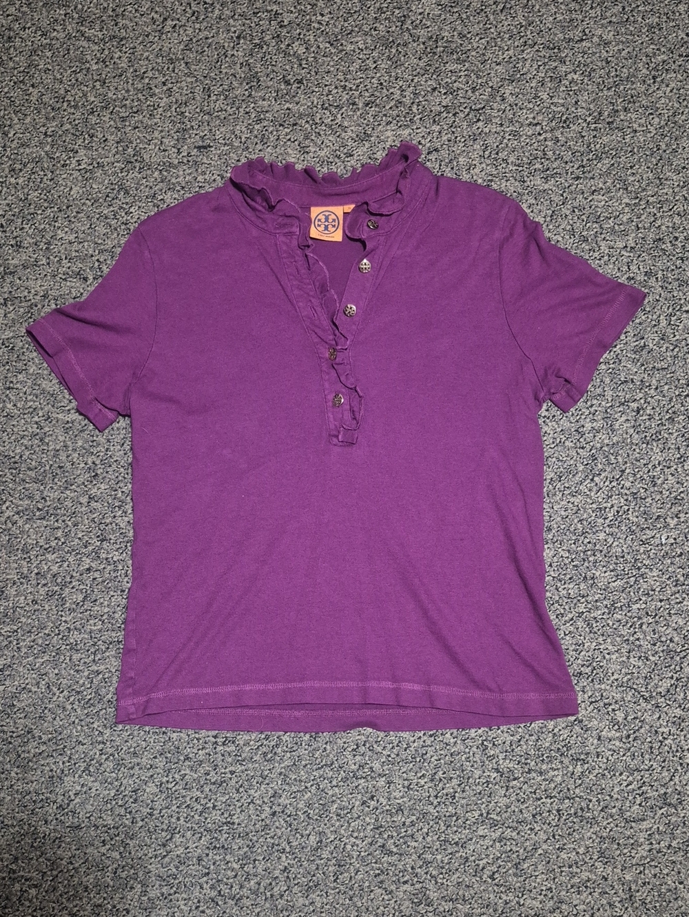 Tory Burch Purple Ruffle Henley Short Sleeve Tee